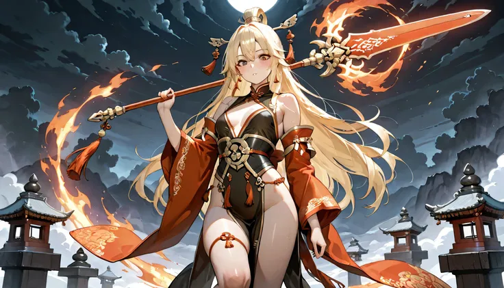A mature, seductive, and powerful female warrior inspired by ancient Chinese mythology, around 16-18 years old. Her presence is both fierce and irresistible, with a sultry expression and an aura of dangerous allure. Her eyes burn with fiery intensity, exud...