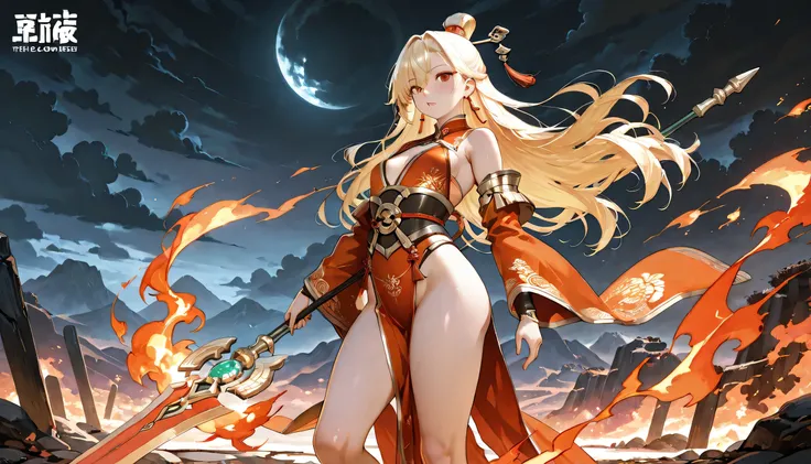 A mature, seductive, and powerful female warrior inspired by ancient Chinese mythology, around 16-18 years old. Her presence is both fierce and irresistible, with a sultry expression and an aura of dangerous allure. Her eyes burn with fiery intensity, exud...