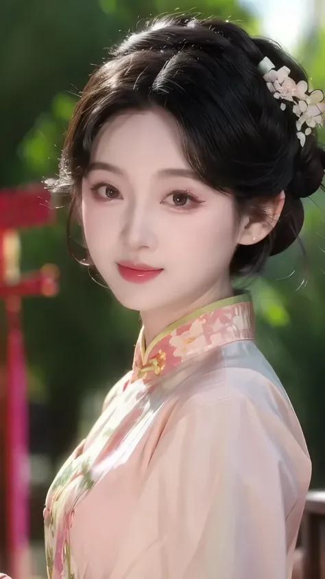 1 beautiful girl,Best Quality,(painting:1.5),Chest,torii,,depth of field, detailed face ,facial focus,ribbon_trim,(watching the audience:1.25),Smile,Thick lips,Real People,Pink cheongsam
