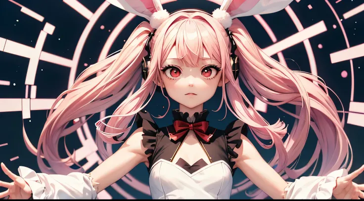 girl, Pink hair about 12 inches ,  expression of determination, babyface,((small bust,rabbit cosplay, white dress, Gothドレス), ( white rabbit,ear,tail),Goth,(Low Nose,red eyes,Body Type,詳細なearの先),headphones,twin tails, detailed)) (masterpiece),(figure),(High...