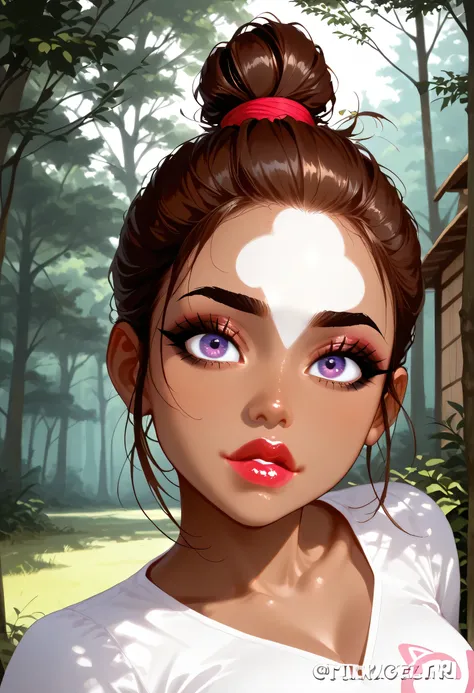 forest, 1girl, (perfect face:1.1), bun top knot hair, brown hair, black eyebrows, thin eyebrows, black eyeliner, big eyes, purple eyes, pink rouge, bright red lips, thick lips, v-neck shirt, white v-neck shirt, medium breasts, (female african, colored skin...
