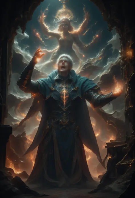 Dark fantasy illustration. Medium shot. A handsome 30-year-old man with aquiline features, blue eyes, and close-cut silver hair, desperately trying to call his girlfriend on his phone, surrounded by angels and devils running amok. Close-up. Inspired by th...