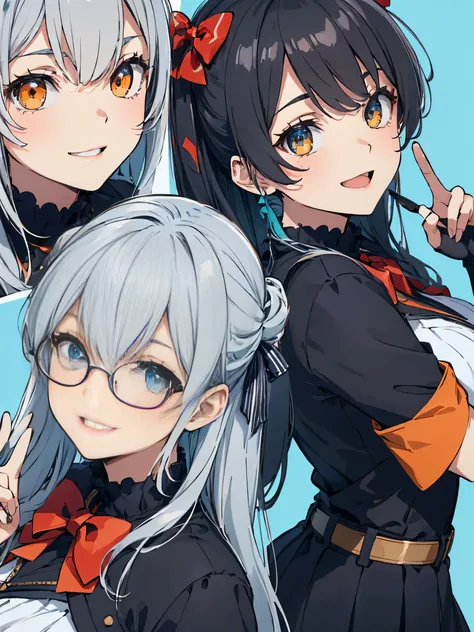 score_9, score_8_up, score_7_up), source_anime, absurd_res, white, blue, black, 2girls, super fine illustration, an extremely delicate and beautiful, best quality, masterpiece, 8K, Marika, Sena, back to back pose, silver hair, black hair, twin tails, black...