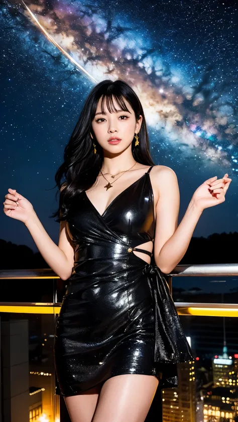 Highest Quality, masterpiece, realistic, high resolution, ８ＫＲＡＷpictures, 1 girl on break day, medium long hair、glamour、Yellow minidress with thunder motif、Gold trim、star shaped red dress with tar pendant 、star earrings、Action Pose、(Hill where you can see t...