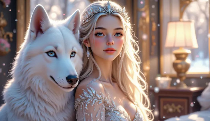 A stunning young woman with fair skin and long, wavy red hair tied into a high ponytail, wearing a sleek black satin bodysuit. She poses confidently in a cozy, a breathtaking ultra-HD fantasy portrait of a beautiful princess with long, flowing platinum-bl...