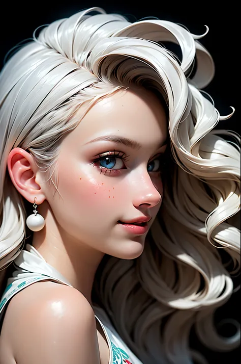 Ultra-detailed, master piece, Top quality, woman, bewitching smile, Beardsley style picture, monochrome, alcohol ink drip art, line-art, block print, side view, crop top, long wavy hair, bangs, Very_beautiful_face, very_beautiful_eyes, even_eyes