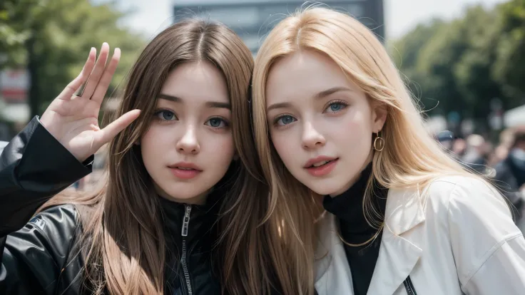sunny daytime city、ung and beautiful Irish beauties with platinum blonde hair、when 2 beautiful blonde girls with blue eyes open their eyes wide、22歳のハリウッド女優がwaving hands、beautiful blond Irish woman wearing a white blouse with a collar on the inside of her a...