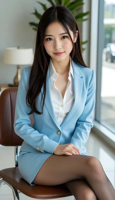 (full body image:1.5), (From the top of her head to the tips of her feet :1.5), Beautiful leg line from thighs to high heels, Sleek long black hair , Professional Office Lady with Long Dark Hair, is sitting in a chair with her legs crossed, The height of ...