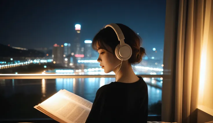 lofi aesthetic illustration of a cozy bedroom at night, soft ambient lighting, girl with headphones studying by the window, city lights in the background, warm tones, moody atmosphere, anime style, soft shadows, gentle glow