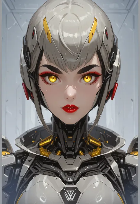 (Perfect Face), (Black Medium Hair), (Black Thick Eyebrows), (Big Bionic Yellow Eyes), (Red Thick Lipstick), (Female Robot), (Beautiful Woman), Looking At Viewer
