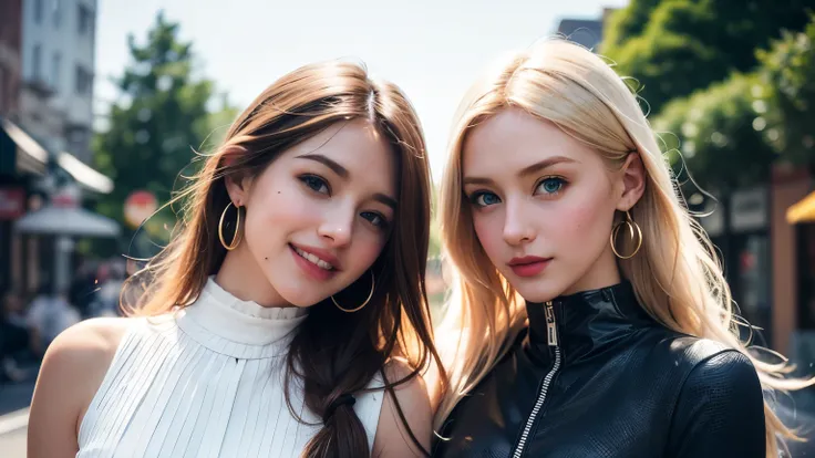 sunny daytime city、ung and beautiful Irish beauties with platinum blonde hair、when 2 beautiful blonde girls with blue eyes open their eyes wide、a 22-year-old Hollywood actress waves、beautiful blond Irish woman wearing a white blouse with a collar on the in...