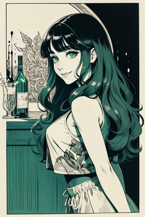 Ultra-detailed, master piece, Top quality, woman, bewitching smile, Beardsley style picture, monochrome, alcohol ink drip art, line-art, block print, side view, crop top, long wavy hair, bangs, Very_beautiful_face, very_beautiful_eyes, even_eyes, green eye...