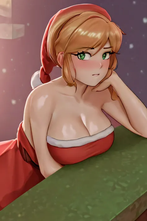 close up 1girl in, photo of Alex, Alex Minecraft, Anime style, Solo, (messy Golden copper blonde hair, short ponytail over left shoulder, thick Ginger hair, (green eyes: 1.2), (perfect clear skin, pale skin, detailed skin, large breasts, round breasts, per...