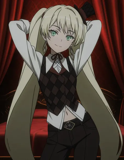 ladylee tangleroad, long hair, blonde hair, twintails, green eyes, anime screencap, hat, navel, jewelry, earrings,  mini hat, top hat, belt, shirt, long sleeves, ribbon, white shirt, collared shirt, pants, neck ribbon, checkered clothes, high quality, clos...