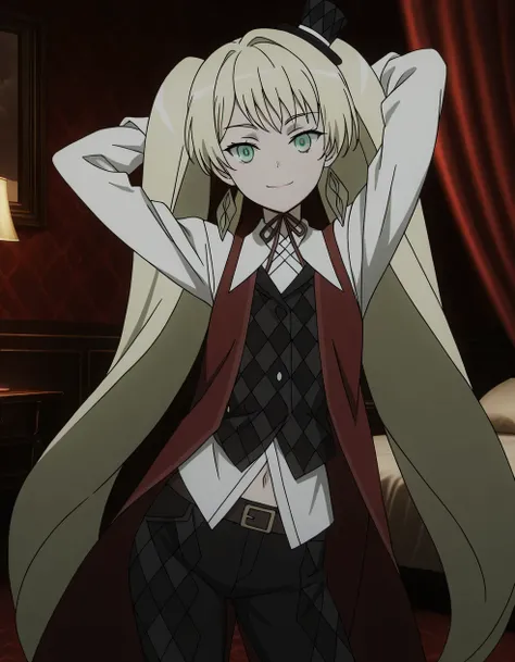 ladylee tangleroad, long hair, blonde hair, twintails, green eyes, anime screencap, hat, navel, jewelry, earrings,  mini hat, top hat, belt, shirt, long sleeves, ribbon, white shirt, collared shirt, pants, neck ribbon, checkered clothes, high quality, clos...