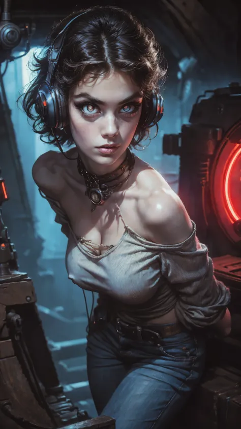 (masterpiece), (best quality), (ultra-detailed), (hyperrealistic), (sharp focus), (8k), (low lighting), (low angle shot:1.5), forced perspective, VERY CLOSE , portrait of the face, Close-up major, raw, pale skin, a 80's girl, with a denim jacket and a purp...