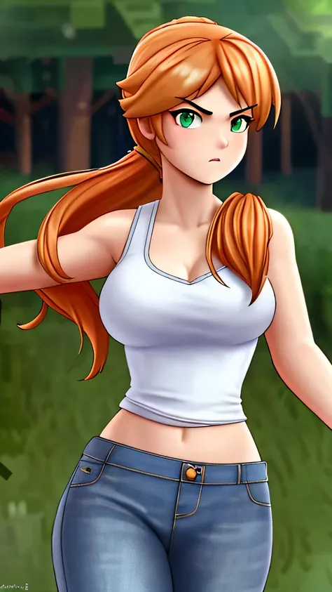 close up 1girl in, photo of Alex, Alex Minecraft, Anime style, Solo, (messy Golden copper blonde hair, short ponytail over left shoulder, thick Ginger hair, (green eyes: 1.2), (perfect clear skin, pale skin, detailed skin, large breasts, round breasts, per...