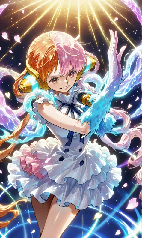 game card style, Cerberus風のトレーディングカード, rare card,(score_8_up, ), ,  One Piece Uta floats through the air, has microphone 、 trading card style、Cerberus {X} sings in a dynamic dance pose, depicts sparkling petals and light particles on a layered dress with a...