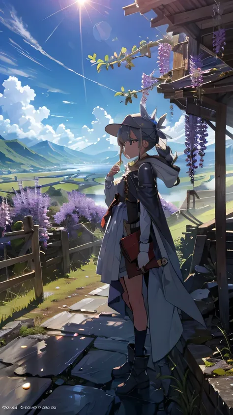 Gravel Mountainと雲海、A female bard standing on top of the rubble , A world above clouds , Gravel Mountain , Ruins and remains of collapsed buildings , A desolate world view , A fantastical landscape with clouds , Morning Sun , The bard wears a long cape or c...