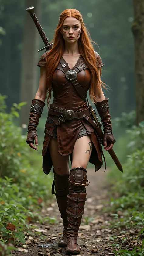 (photorealistic, cinematic lighting, full body shot, 8K, RAW photo, ultra realistic, sharp focus) A beautiful female elf warrior inspired by The Elder Scrolls Online, walking naturally towards the camera. She has a slender athletic build, fair realistic sk...