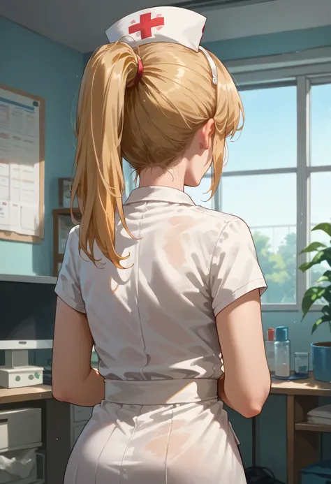 livingroom, blonde hair, nurse white uniform, Ponytail Hair, Look forward, back view, head closeup,