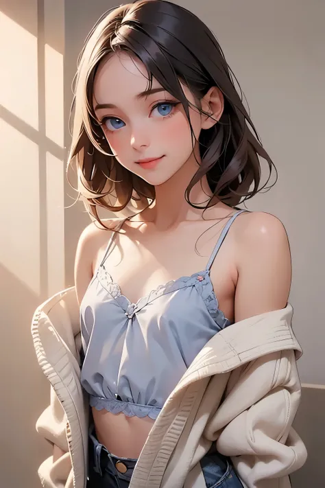 One young girl, blue eyes, Clear eye depiction, medium hair, (flat chest:1.5), shy smile, wearing camisole and lace cardigan, depicts details of cute faces, simple gray background, clear line, Cinematic Light, Soft light, indirect lighting, photorealisti...