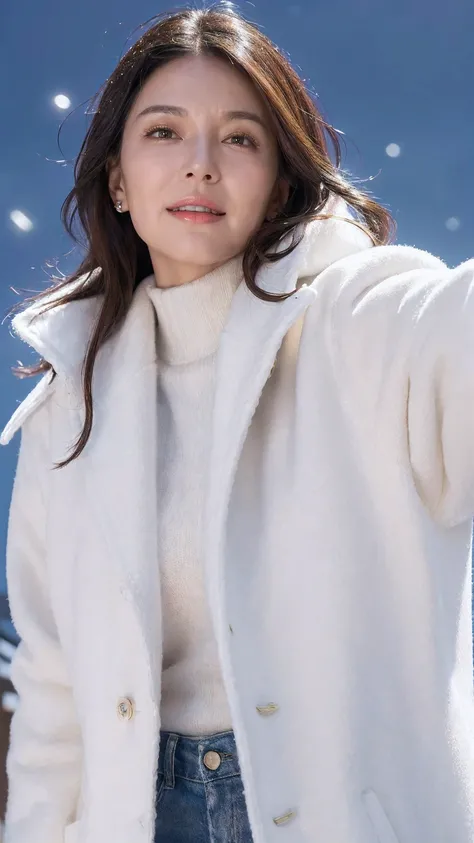 ((Highest Quality)), ((8K)), ((Masterpiece: 1.3)), (Perfect Look), (photorealism: 1.6), Beautiful mature idol, (65 years old), (EI), (KIK), (1 mature: 1.1), ((white high neck cable knit and white long coat: 1.1)), ((Night intersection)), (( The most beauti...