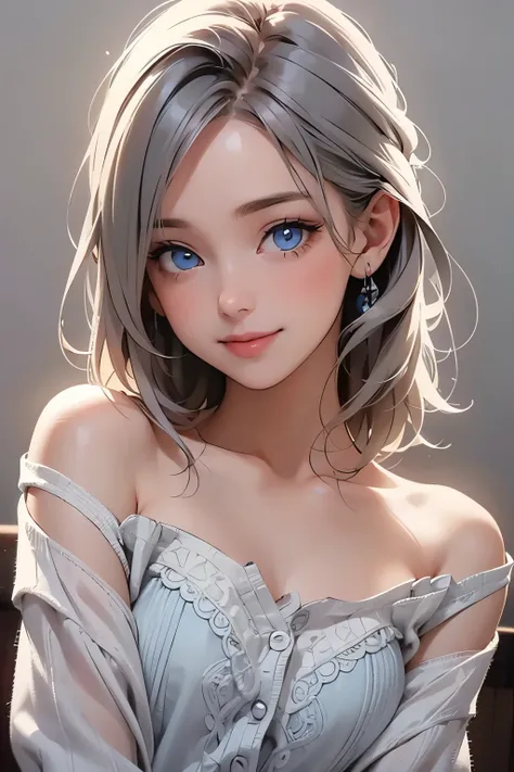 One young girl, blue eyes, Clear eye depiction, medium hair, shy smile, wearing bandeau top and lace cardigan, depicts details of cute faces, simple gray background, clear line, Cinematic Light, Soft light, indirect lighting, photorealistic , Masterpiece...