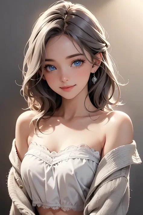 One young girl, blue eyes, Clear eye depiction, medium hair, shy smile, wearing bandeau top and lace cardigan, depicts details of cute faces, simple gray background, clear line, Cinematic Light, Soft light, indirect lighting, photorealistic , Masterpiece...