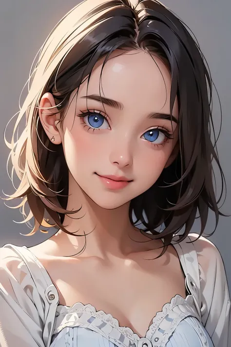One young girl, blue eyes, Clear eye depiction, medium hair, shy smile, wearing bandeau top and lace cardigan, depicts details of cute faces, simple gray background, clear line, Cinematic Light, Soft light, indirect lighting, photorealistic , Masterpiece...