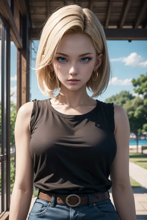 No.18,Dragon Ball Z,Dragon Ball Super,One-length hair,beautiful white blond hair,shortcut, beautiful blue eyes ,PINK LIPS,white skin,cool expression,black sleeveless,blue jeans per boy,Ultra HD,super quality,masterpiece,dslr,photorealistic, Detailed Detail...