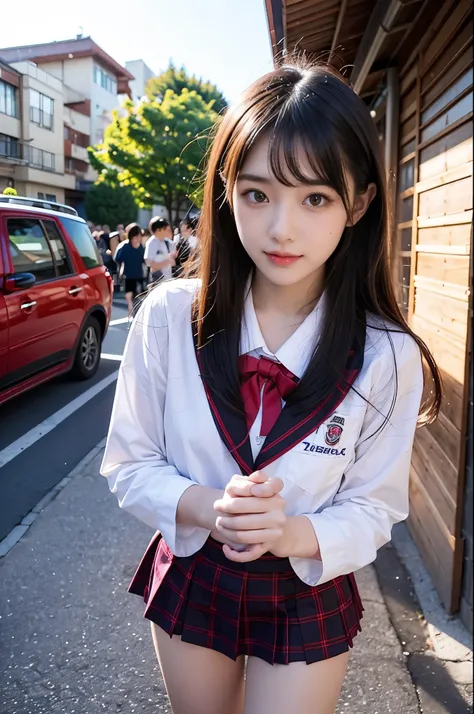 A girl (18 years old, Japanese pretty face) is wearing high school uniforms with mini skirt on Spring sunny day.