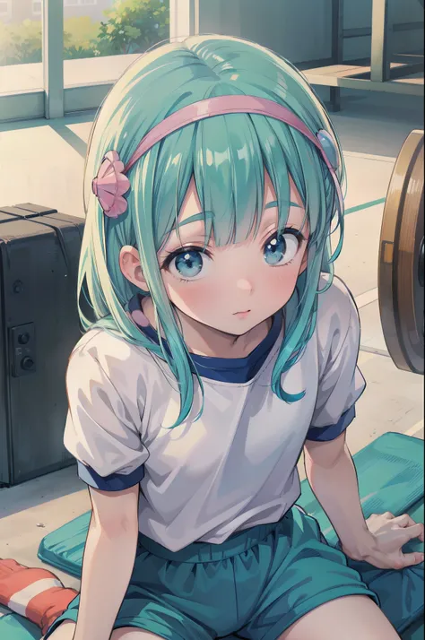 Gently stare, by krenz Cassiato , is sitting, Asuka, Asuka, anime styleイラスト, Official Art, high quality anime-style art as a model, high resolution, anime style, (White gym clothes and bulma :1.4), (face close-up:1.2), (NSFW:0.9), ( blond and blue eyed),...