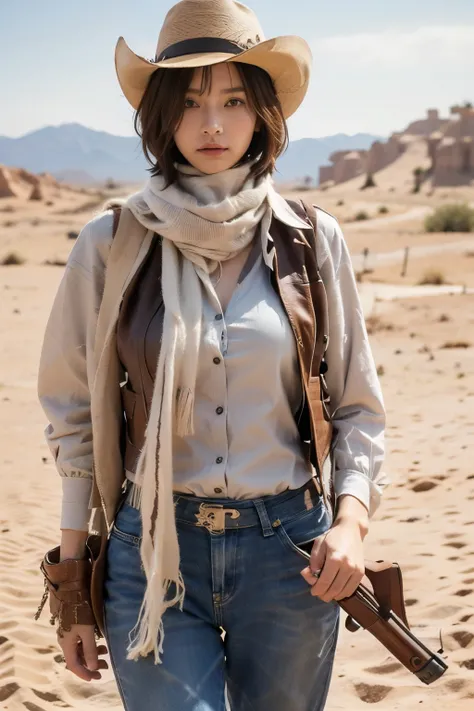 realistic、real、high image quality、Detailed Exact、8K、Desert Wilderness、((Cowgirl on horseback))、((Terrible 2 holding a rifle sideways.0))、 1 Female Gunman 、、((short short hair))、 has bangs、((Long, sharp suspension 2.0))、((serious face))、Leather vest、white s...