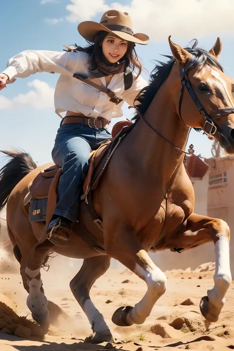 realistic、real、high image quality、Detailed Exact、8K、Desert Wilderness、((Run the horse ))、 1 Female Gunman 、((Dynamic 1.5))、((realism running through))、((short short hair))、 has bangs、((Long, sharp suspension 2.0))、Long and thick eyelashes、Unsuitable Smile、...