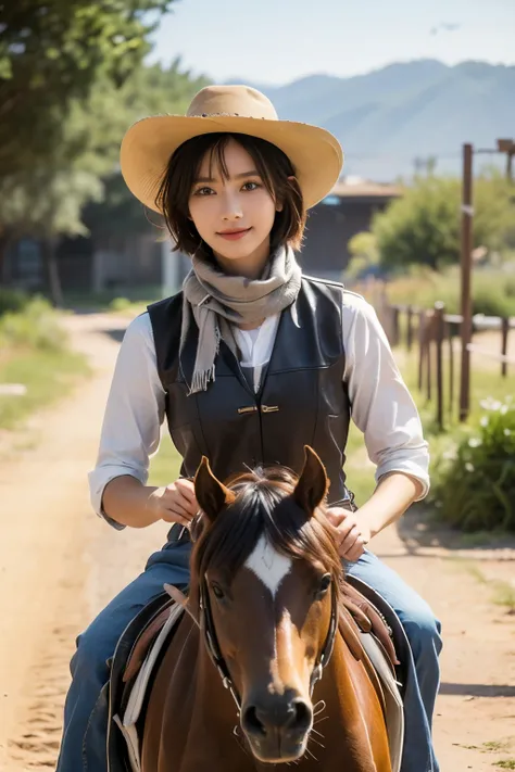 realistic、real、high image quality、Detailed Exact、8K、Desert Wilderness、((Cowgirl on horseback))、((approaching at a tremendous speed))、((Running a horse 2.0))、 1 Female Gunman 、((Dynamic 1.5))、((approaching feeling of realism 2.0))、blur background、Portrait S...