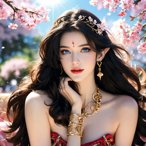 One 20 year old girl, (breast :1.1), navel,upper body,deep cleavage,bare shoulders,wears red tube top,deep neckline ,exposing cleavage,red skirt, blue gems,shiny skin,natural skin,hand in own hair,(mature female),milf, beautiful cai lin, deep blue eyes, de...
