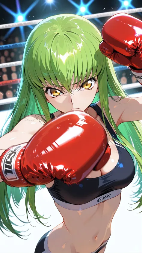 C.C., Code Geass, green hair, gold eyes, solo,  (punching at viewer:1.3), long hair, black  sports bra, black sports very short spats, boxing gloves, bare thigh, cleavage, medium breast, Perfect body, detailed eyes, detailed face, glaring, looking at viewe...