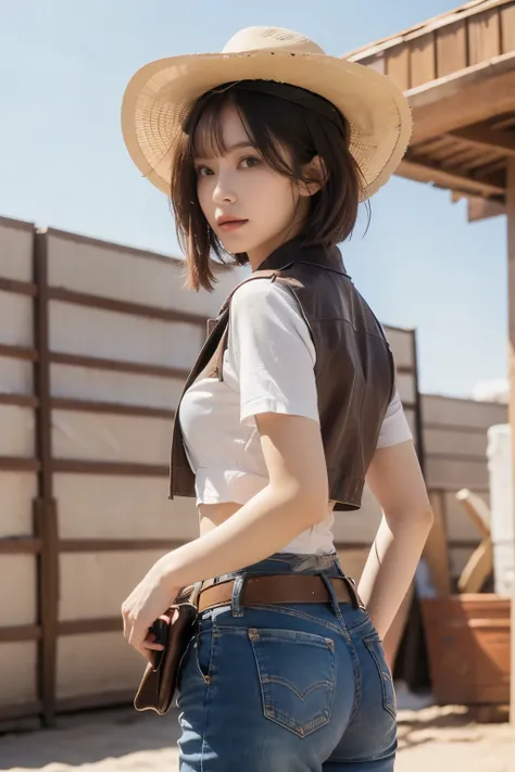 realistic、real、high image quality、Detailed Exact、8K、((upper body1.5))、((2.0))、Desert Wilderness、back view、 1 Female Gunman 、profile、((short short hair))、 has bangs、((Long, sharp suspension 2.0))、Long and thick eyelashes、Unsuitable Smile、leather vest、white ...
