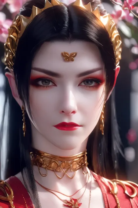 (RAW photo:1.2), (photorealistic:1.4),(intricate details:1.2),(masterpiece:1.3),(best quality:1.4), (ultra highres:1.2),1girl, solo, jewelry, earrings, pointy_ears, necklace, looking at viewer pose, red ornamental clothes, snake crown,background : a garden...