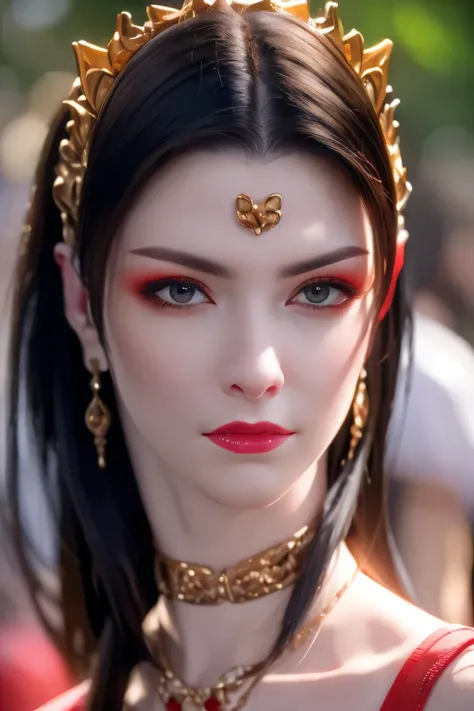 (RAW photo:1.2), (photorealistic:1.4),(intricate details:1.2),(masterpiece:1.3),(best quality:1.4), (ultra highres:1.2),1girl, solo, jewelry, earrings, pointy_ears, necklace, looking at viewer pose, red ornamental clothes, snake crown,background : a garden...