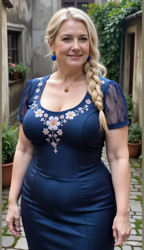 older women 45 years old, super big breasts, she has long hair braided to the side