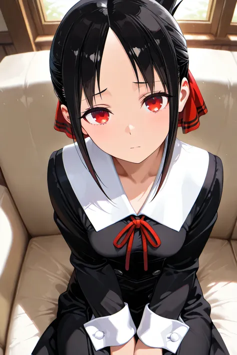 Masterpiece, Top Quality, Amazing Quality, Shinomiya Kaguya, Short Hair, Bangs, Black Hair, Red Eyes, Hair Ribbon, Side Locks, Folded Ponytail, Parted Bangs, Mature Woman, Small Breasts, Anime Screenshot, Long Sleeves, Dress, Ribbon, Uniform, Collarbone, B...
