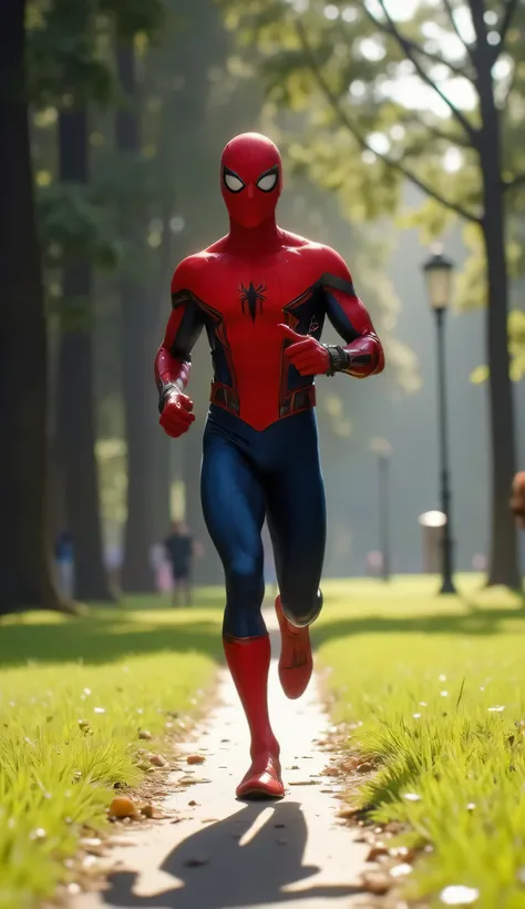 A hyper-realistic, ultra-detailed 8K cinematic image focusing entirely on Spider-Man, who is jogging lightly through a quiet, empty park in daylight.
The camera is close and centered on Spider-Man, capturing his full figure in motion with crystal clarity.
...