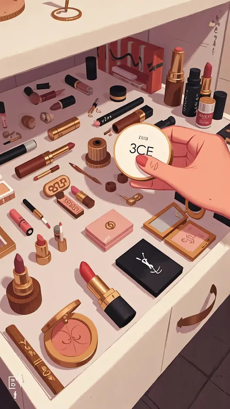 makeup drawer,The inside is filled with various cosmetics。 in the foreground ,A hand(slim、Soft、slim 手、pink nail polish on hands、Sleeveless)holding a powder with the' 3CE 'logo,You can see a few lipstick tubes and a' Gucci 'powder near {x}。The cosmetics are...