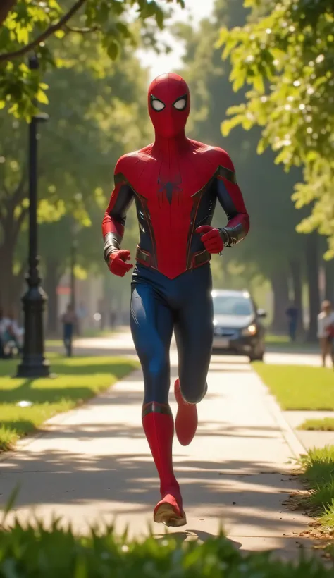 A hyper-realistic, ultra-detailed 8K cinematic image focusing solely on Spider-Man.
He is jogging lightly through an empty, peaceful park during the day.
Spider-Man is centered in the frame, fully visible from head to toe, wearing his classic red-and-blue ...