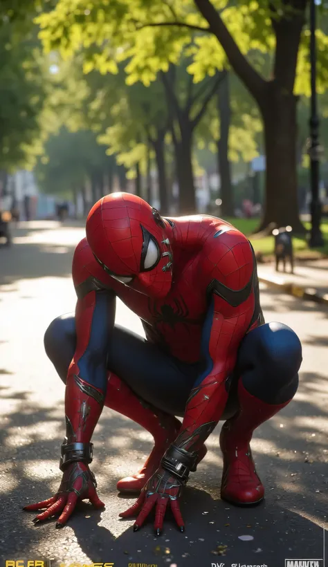 A hyper-realistic, ultra-detailed 8K cinematic image focusing solely on Spider-Man.
He is standing alone in a quiet, empty park during the day, visibly exhausted after a long run or battle.
Spider-Man is centered in the frame, slightly hunched forward with...