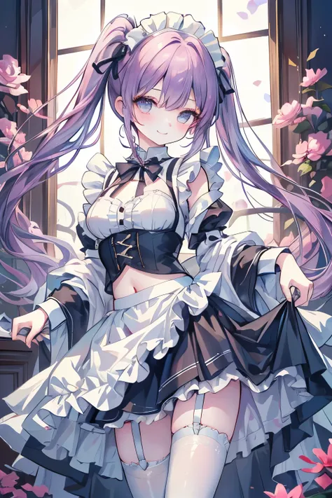 1 girl、Baby Face、Mysterious costume that makes the chest fit just right、(Hairstyle Twin Tails Light Blue)、( revealing maid clothes that can be grabbed by both hands)、The chest is wide open 、stick out your navel、embarrassed smile、(Short Frill Skirt、garter b...