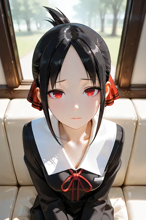 Masterpiece, Top Quality, Amazing Quality, Shinomiya Kaguya, Short Hair, Bangs, Black Hair, Red Eyes, Hair Ribbon, Side Locks, Folded Ponytail, Parted Bangs, Mature Woman, Small Breasts, Anime Screenshot, Long Sleeves, Dress, Ribbon, Uniform, Collarbone, B...