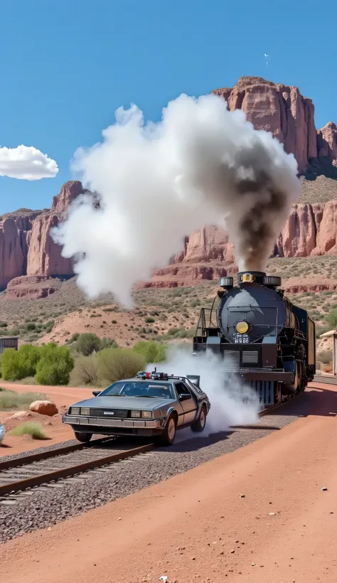 Movie Back to the Future、Super Detail、complicated、masterpiece、high resolution、photorealistic、Highest Quality、real、16K RENDERING、Western Wilderness、DeLorean runs fast while being pushed from behind by a steam locomotive